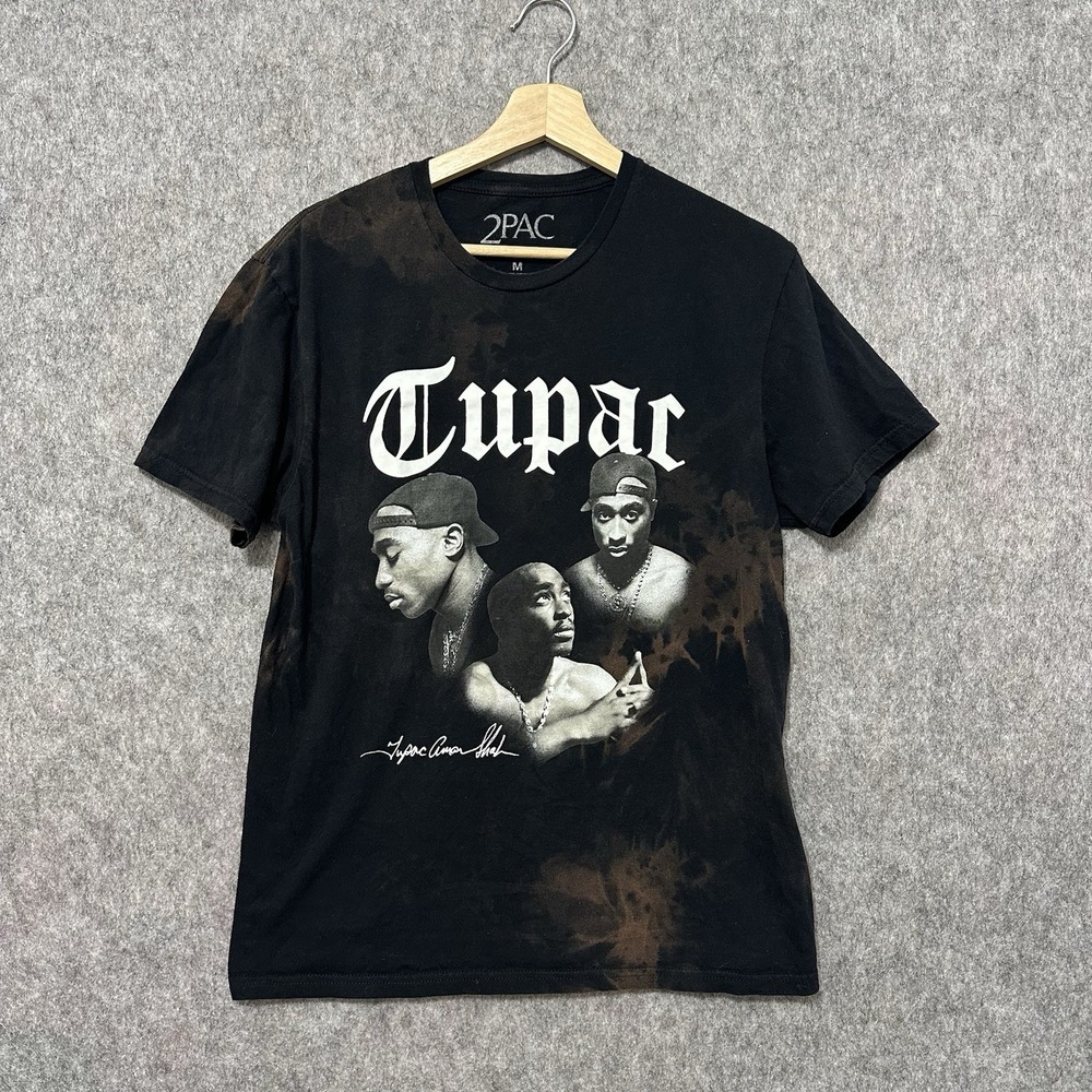 2Pac Tupac Shakur Men's Rap Tee Graphic T-Shirt Black Bleach Tie Dye Sz Medium